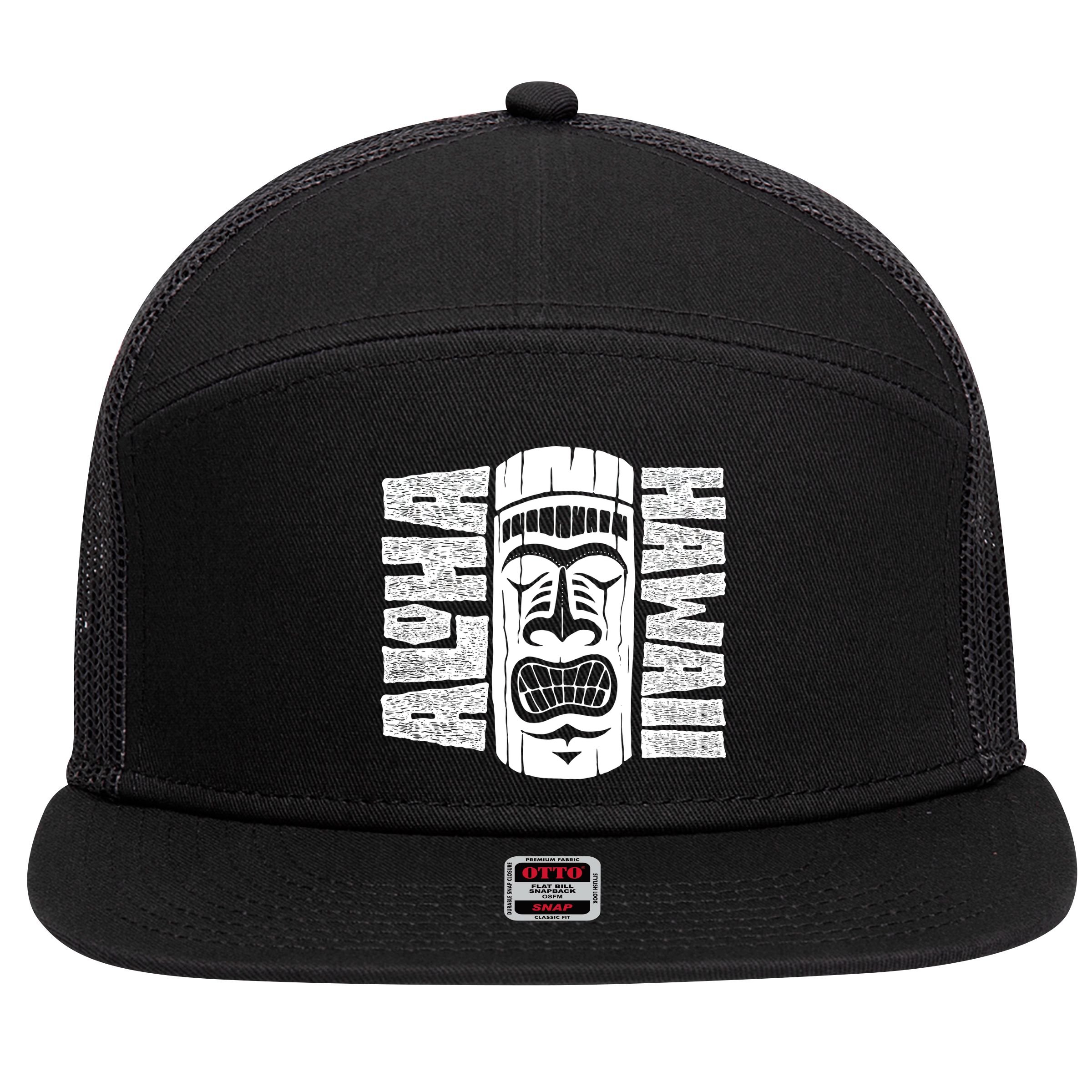 Aloha Hawaii Tiki Statue 7 Panel Mesh Trucker Snapback Hat