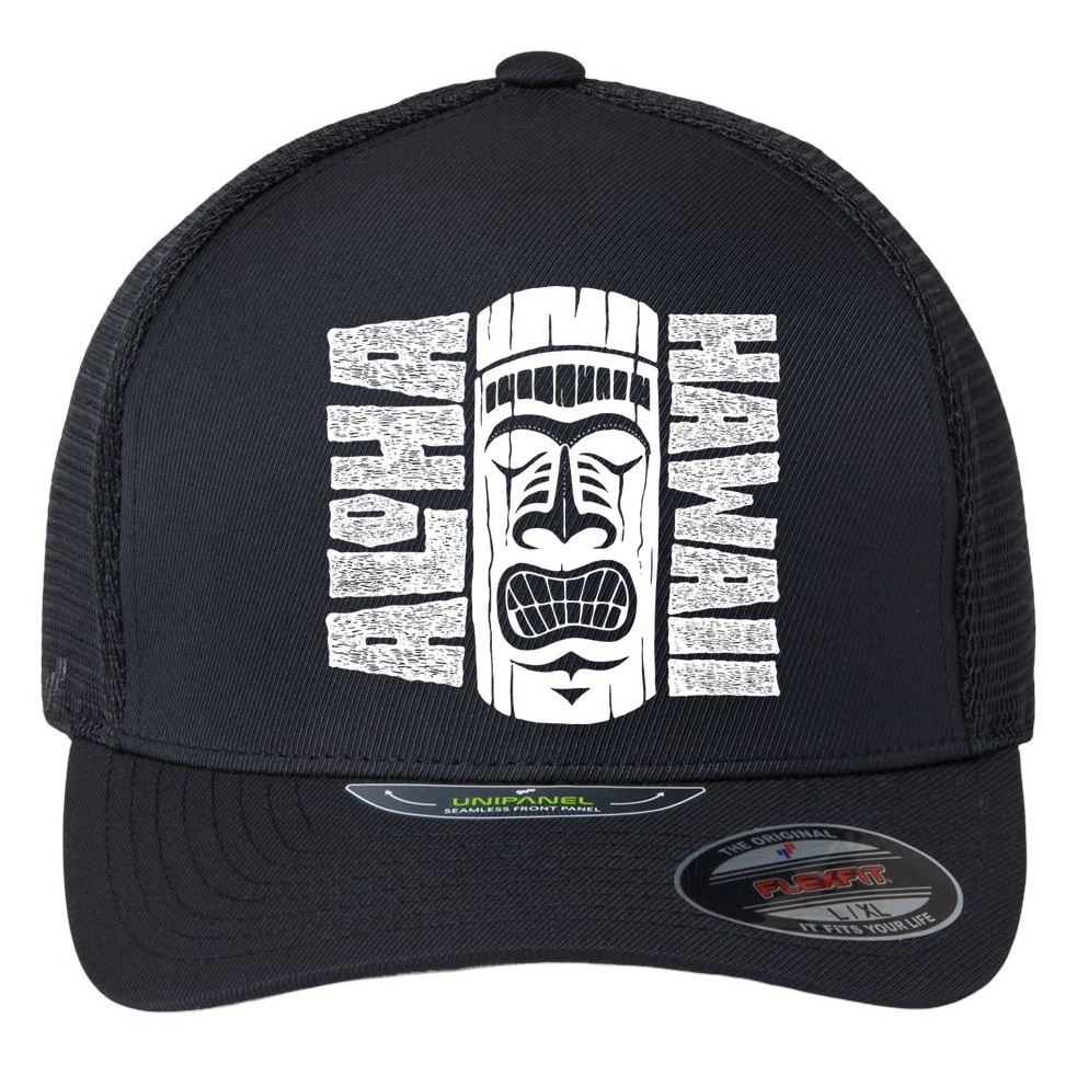Aloha Hawaii Tiki Statue Flexfit Unipanel Trucker Cap