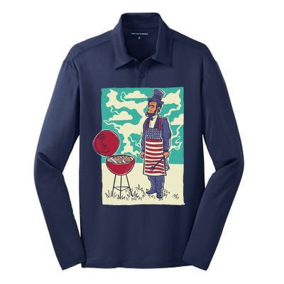 Abe Lincoln Patriotic Barbeque BBQ Silk Touch Performance Long Sleeve Polo