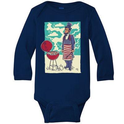 Abe Lincoln Patriotic Barbeque BBQ Baby Long Sleeve Bodysuit