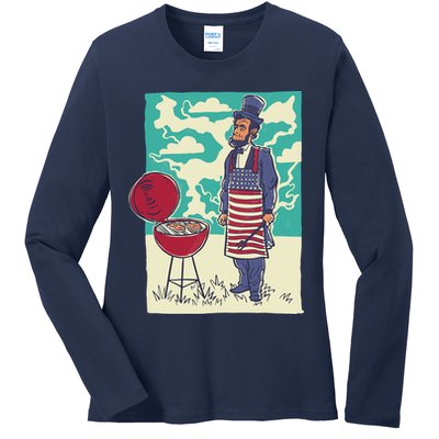 Abe Lincoln Patriotic Barbeque BBQ Ladies Long Sleeve Shirt