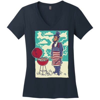Abe Lincoln Patriotic Barbeque BBQ Women's V-Neck T-Shirt