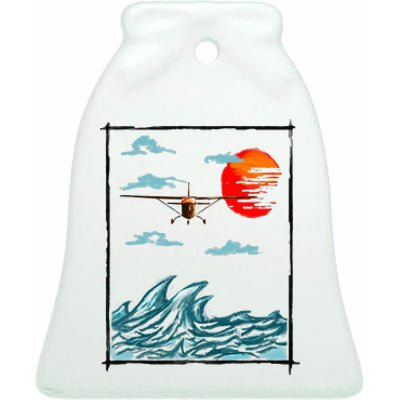 Airplane Lover Present Airplane Over Waves Ceramic Bell Ornament