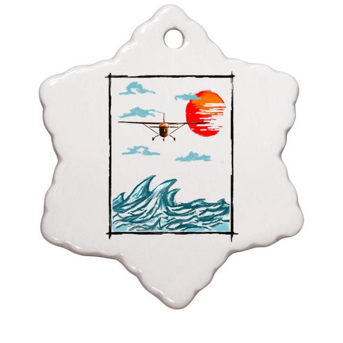 Airplane Lover Present Airplane Over Waves Ceramic Star Ornament