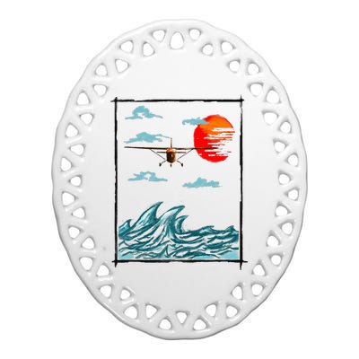 Airplane Lover Present Airplane Over Waves Ceramic Oval Ornament