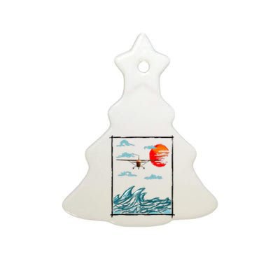 Airplane Lover Present Airplane Over Waves Ceramic Tree Ornament