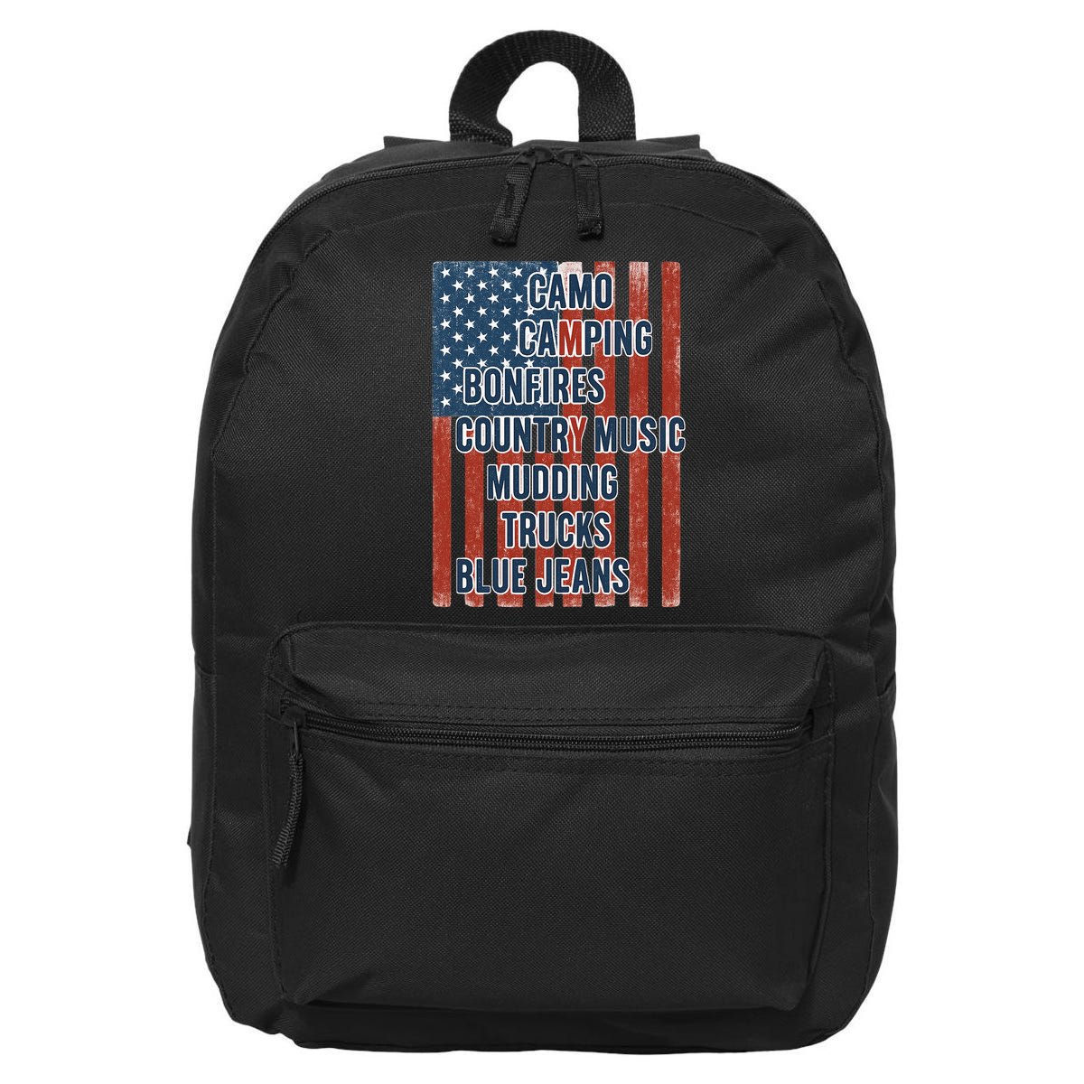 American Life Patriotic USA Flag Camo Camping Bonfires Country Music 16 in Basic Backpack