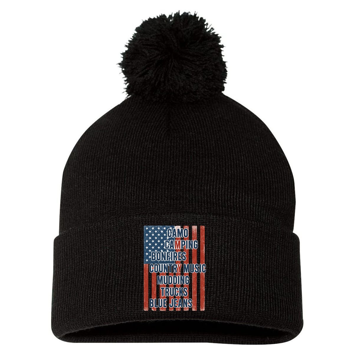American Life Patriotic USA Flag Camo Camping Bonfires Country Music Pom Pom 12in Knit Beanie