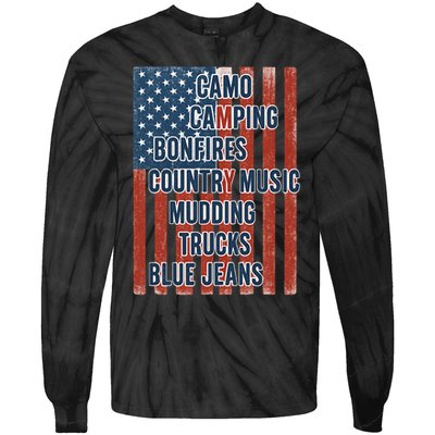 American Life Patriotic USA Flag Camo Camping Bonfires Country Music Tie-Dye Long Sleeve Shirt