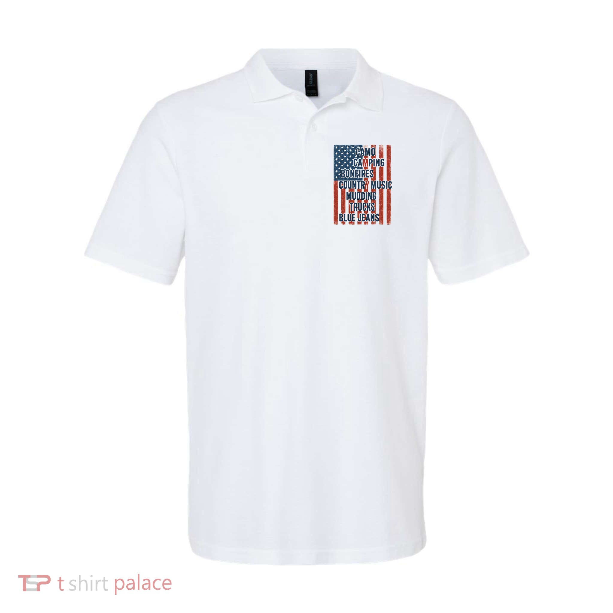 American Life Patriotic USA Flag Camo Camping Bonfires Country Music Polo