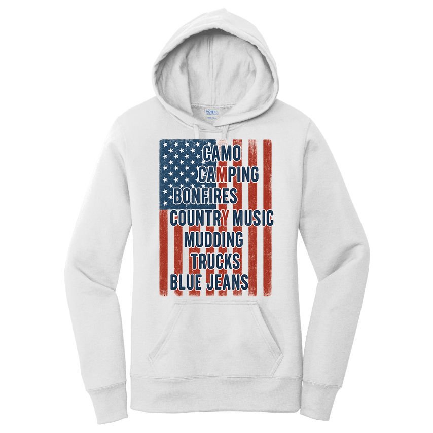 American Life Patriotic USA Flag Camo Camping Bonfires Country Music Women's Pullover Hoodie