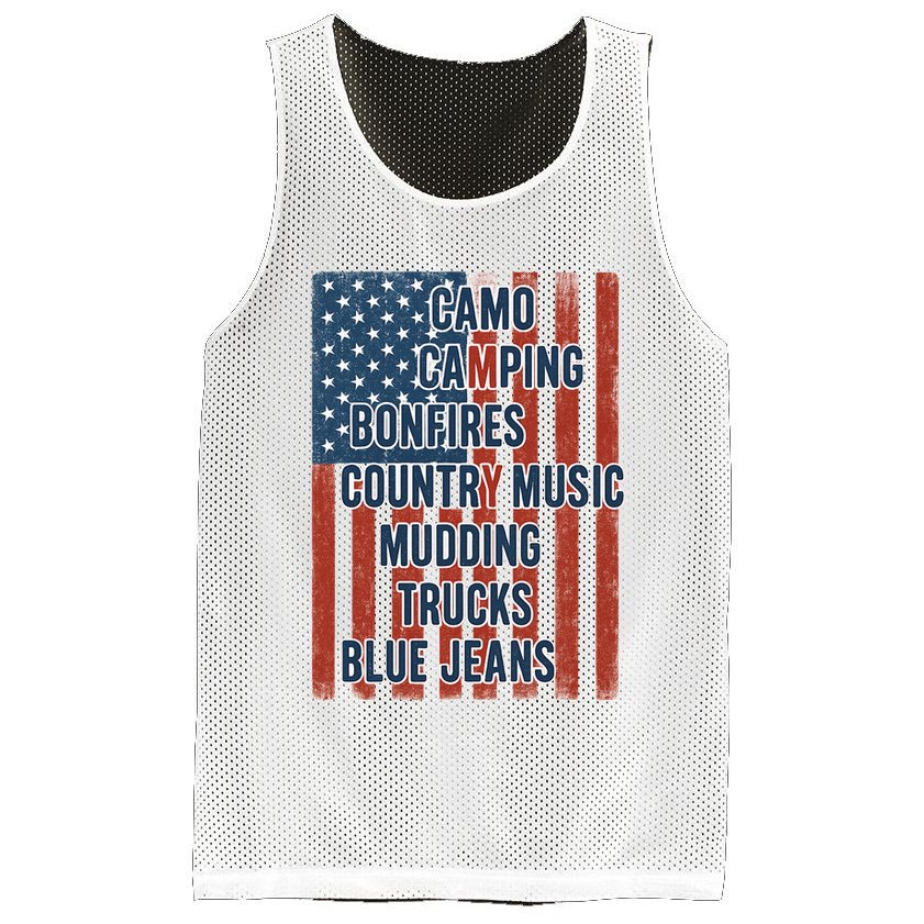 American Life Patriotic USA Flag Camo Camping Bonfires Country Music Mesh Reversible Basketball Jersey Tank