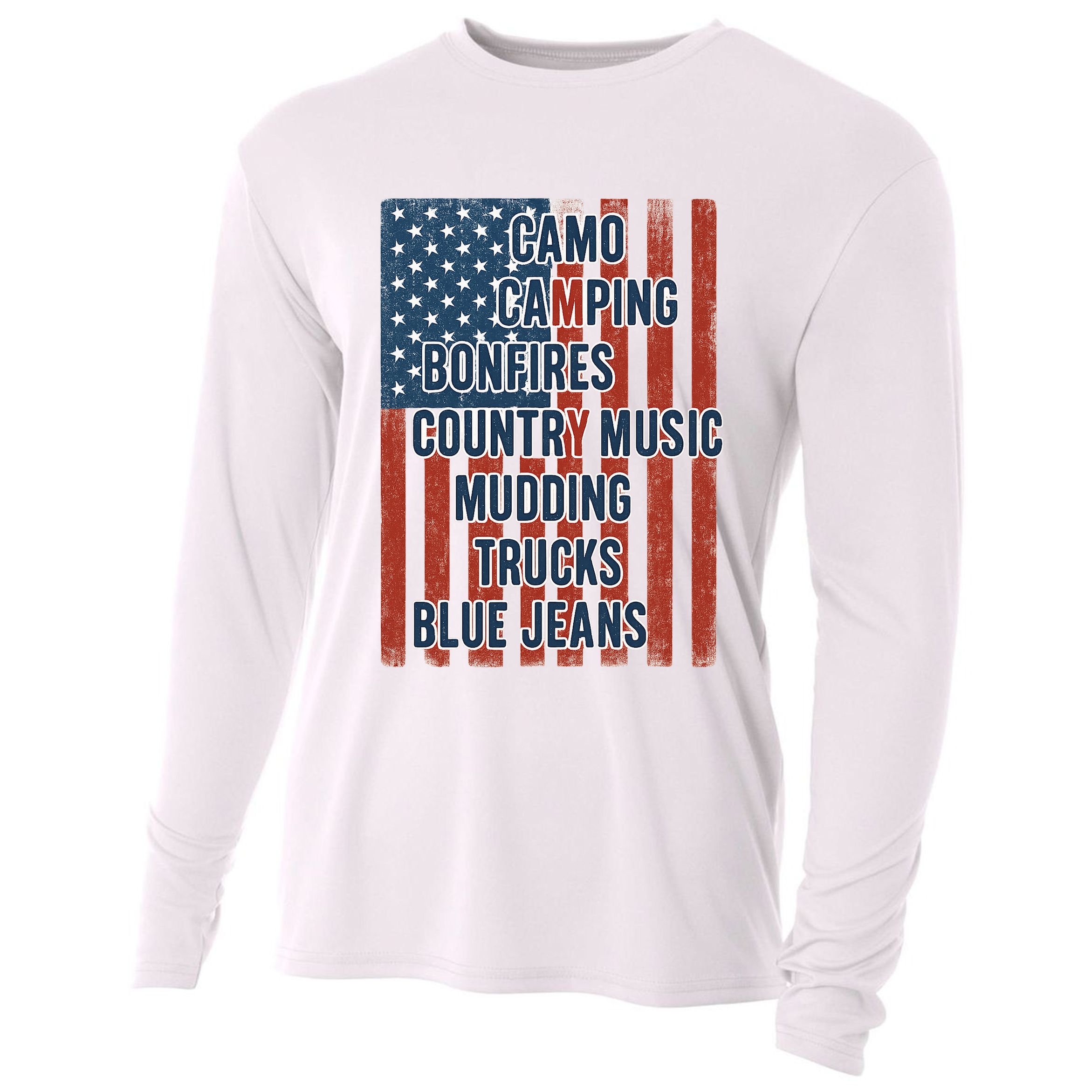 American Life Patriotic USA Flag Camo Camping Bonfires Country Music Cooling Performance Long Sleeve Crew