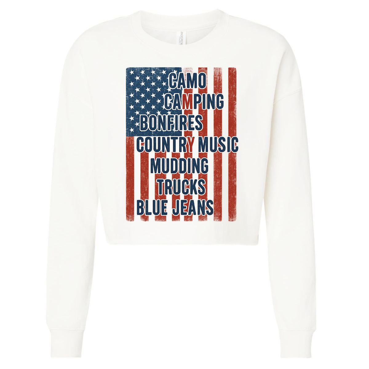 American Life Patriotic USA Flag Camo Camping Bonfires Country Music Cropped Pullover Crew