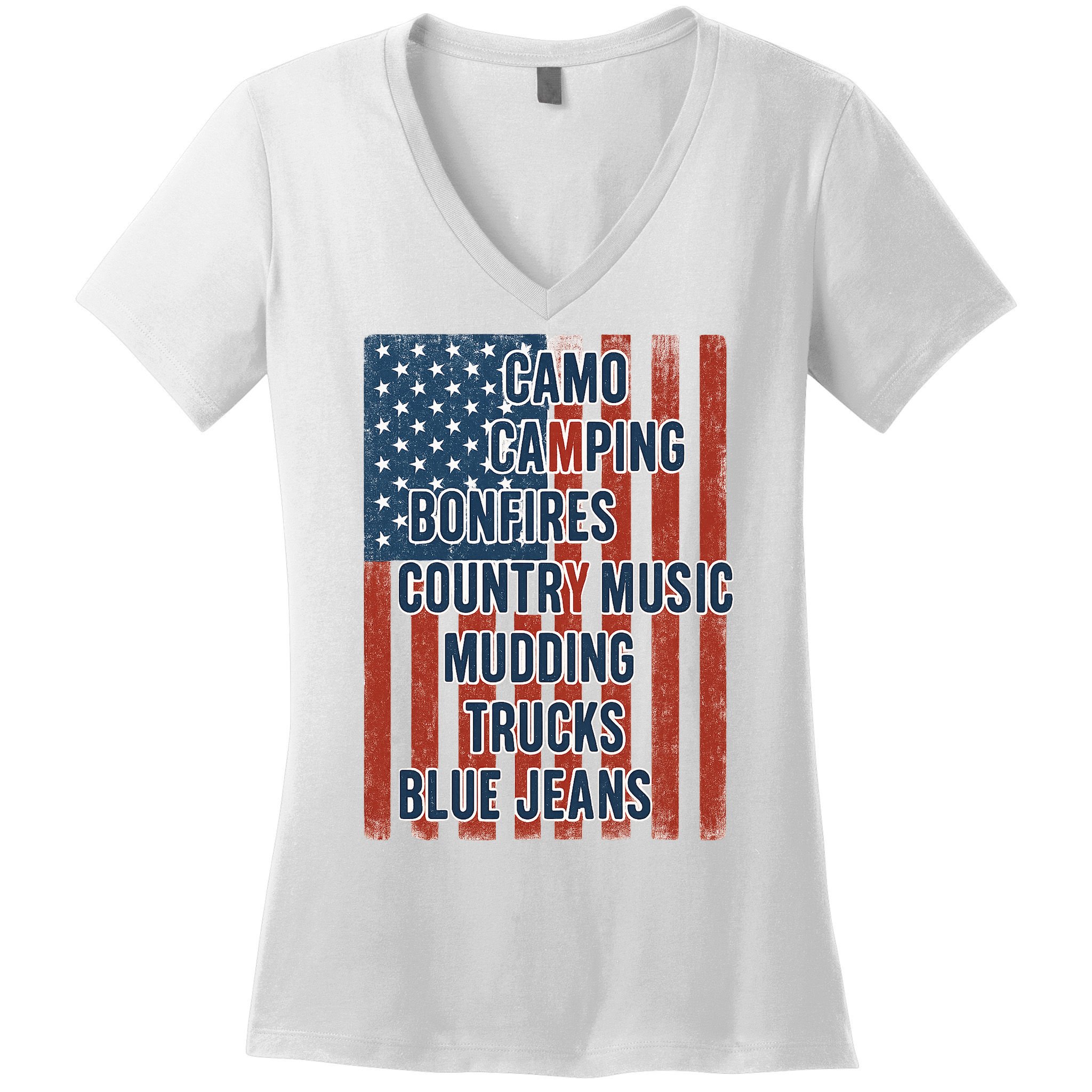 American Life Patriotic USA Flag Camo Camping Bonfires Country Music Women's V-Neck T-Shirt