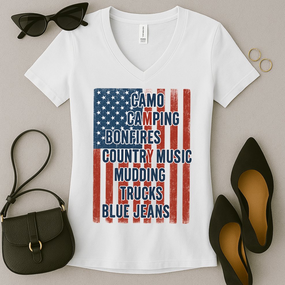 American Life Patriotic USA Flag Camo Camping Bonfires Country Music Women's V-Neck T-Shirt
