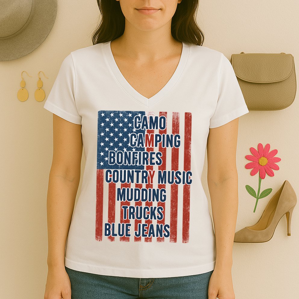 American Life Patriotic USA Flag Camo Camping Bonfires Country Music Women's V-Neck T-Shirt