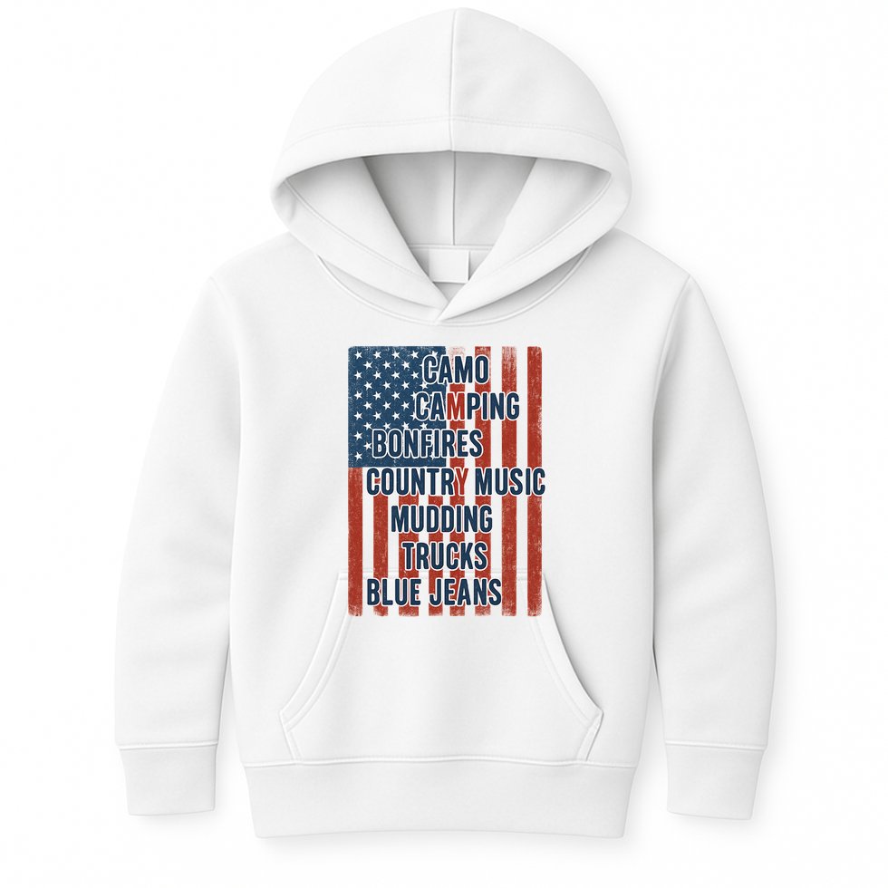 American Life Patriotic USA Flag Camo Camping Bonfires Country Music Kids Hoodie