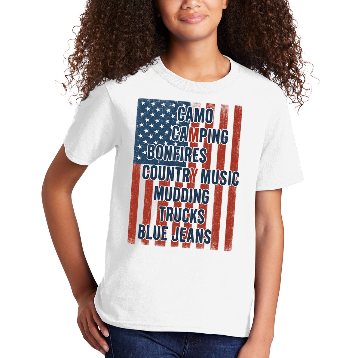 American Life Patriotic USA Flag Camo Camping Bonfires Country Music Kids T-Shirt