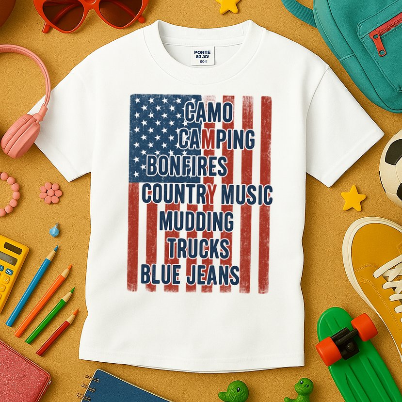 American Life Patriotic USA Flag Camo Camping Bonfires Country Music Kids T-Shirt