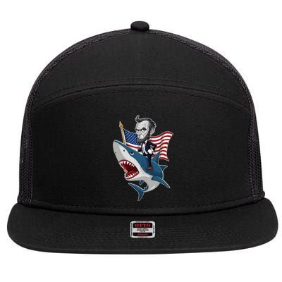 Abraham Lincoln Riding A Shark 4th Of July 7 Panel Mesh Trucker Snapback Hat