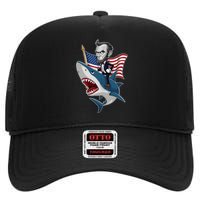 Abraham Lincoln Riding A Shark 4th Of July High Crown Mesh Back Trucker Hat