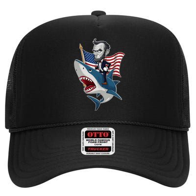 Abraham Lincoln Riding A Shark 4th Of July High Crown Mesh Back Trucker Hat