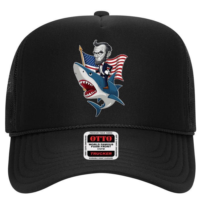 Abraham Lincoln Riding A Shark 4th Of July High Crown Mesh Back Trucker Hat