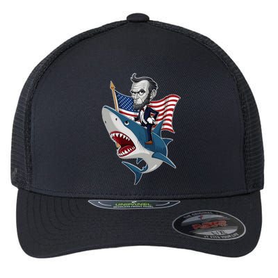 Abraham Lincoln Riding A Shark 4th Of July Flexfit Unipanel Trucker Cap