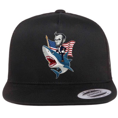 Abraham Lincoln Riding A Shark 4th Of July Flat Bill Trucker Hat