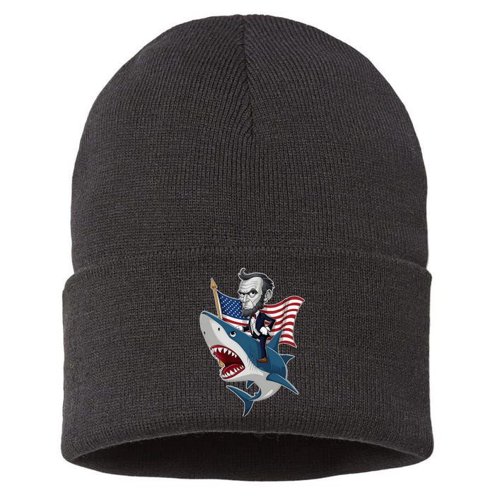 Abraham Lincoln Riding A Shark 4th Of July Sustainable Knit Beanie