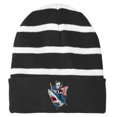 Abraham Lincoln Riding A Shark 4th Of July Striped Beanie with Solid Band