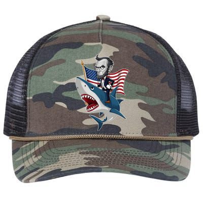 Abraham Lincoln Riding A Shark 4th Of July Retro Rope Trucker Hat Cap