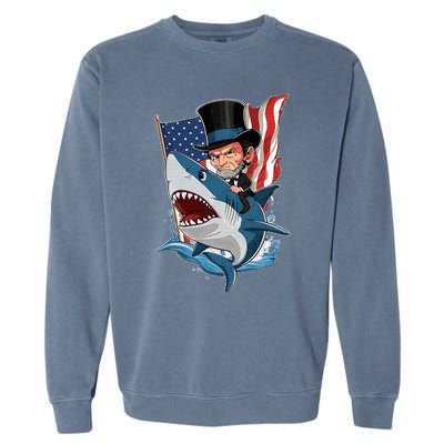 Abe Lincoln Riding Shark Awesome Fourth Of July Garment-Dyed Sweatshirt