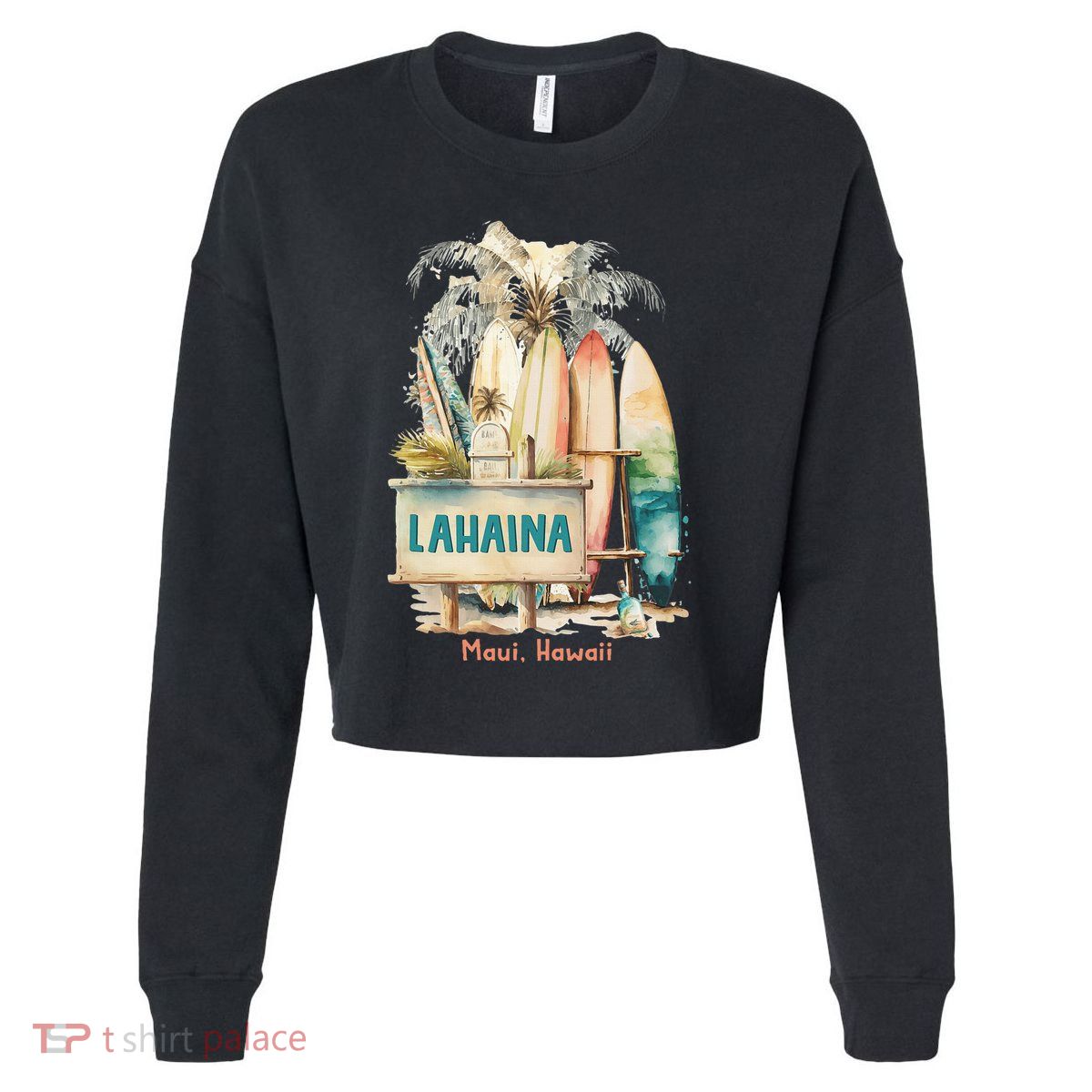 Aloha Lahaina Retro Floral Hibiscus Hawaii Palm Tree Cropped Pullover Crew