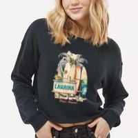Aloha Lahaina Retro Floral Hibiscus Hawaii Palm Tree Cropped Pullover Crew