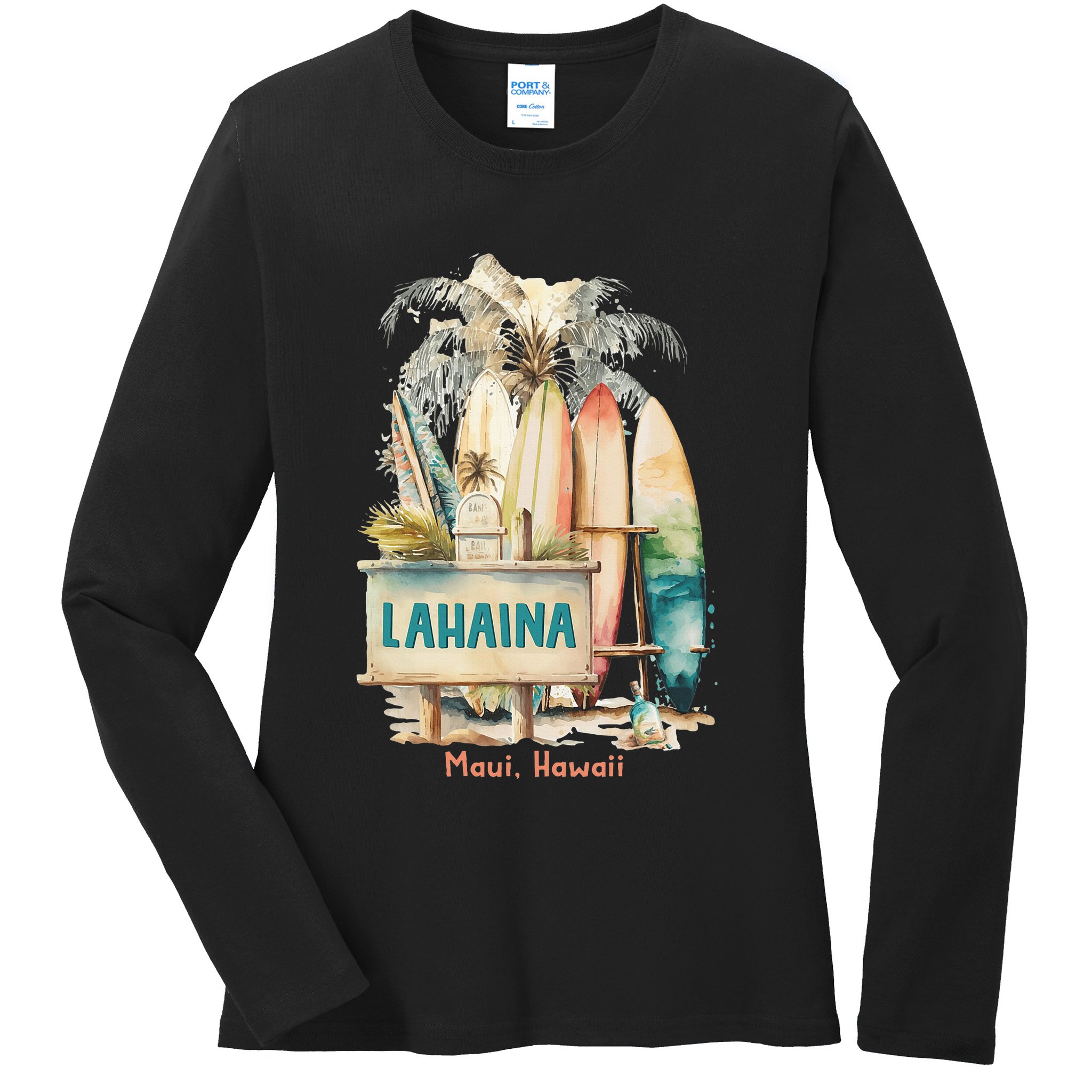 Aloha Lahaina Retro Floral Hibiscus Hawaii Palm Tree Ladies Long Sleeve Shirt
