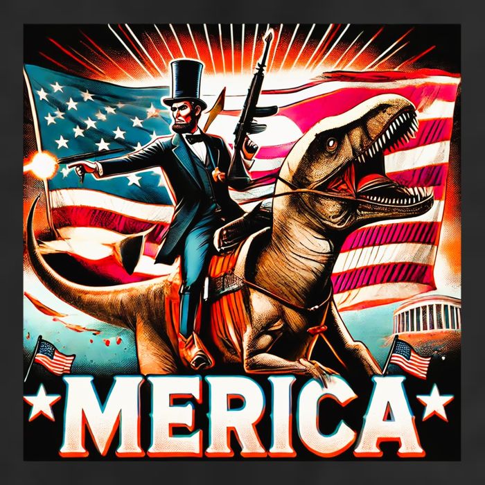 Abraham Lincoln Riding T Rex Merica Firing A Rifle 7 Panel Mesh Trucker Snapback Hat