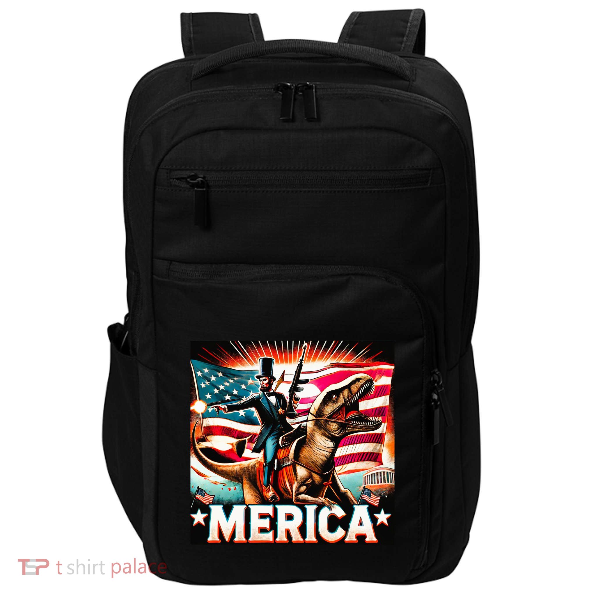 Abraham Lincoln Riding T Rex Merica Firing A Rifle Impact Tech Backpack