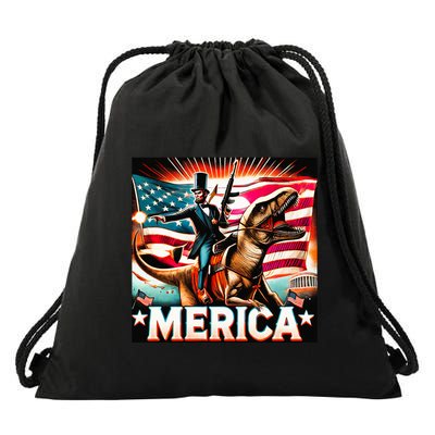 Abraham Lincoln Riding T Rex Merica Firing A Rifle Drawstring Bag