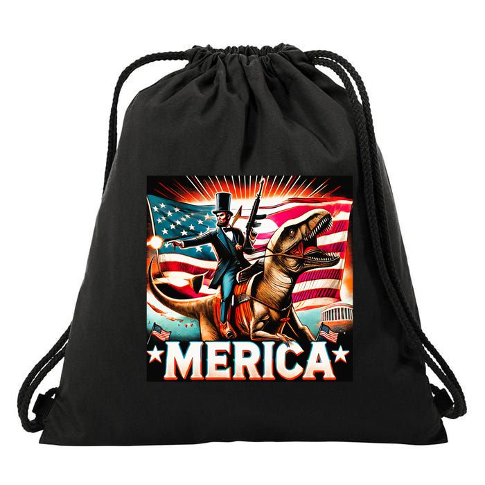 Abraham Lincoln Riding T Rex Merica Firing A Rifle Drawstring Bag