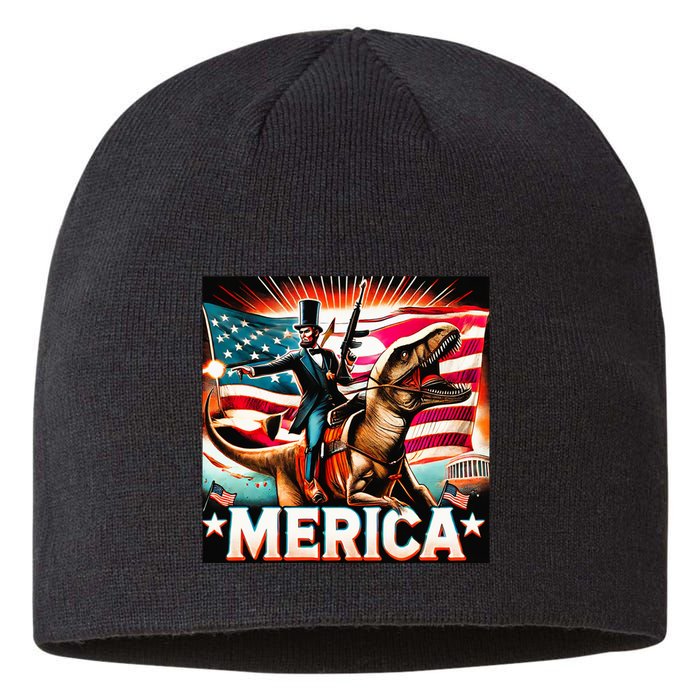 Abraham Lincoln Riding T Rex Merica Firing A Rifle Sustainable Beanie