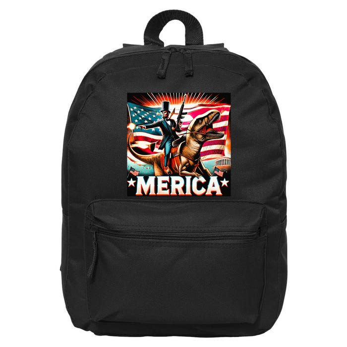 Abraham Lincoln Riding T Rex Merica Firing A Rifle 16 in Basic Backpack