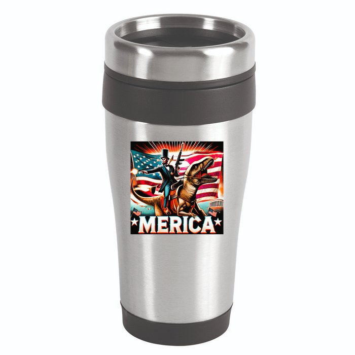 Abraham Lincoln Riding T Rex Merica Firing A Rifle 16oz Travel Tumbler
