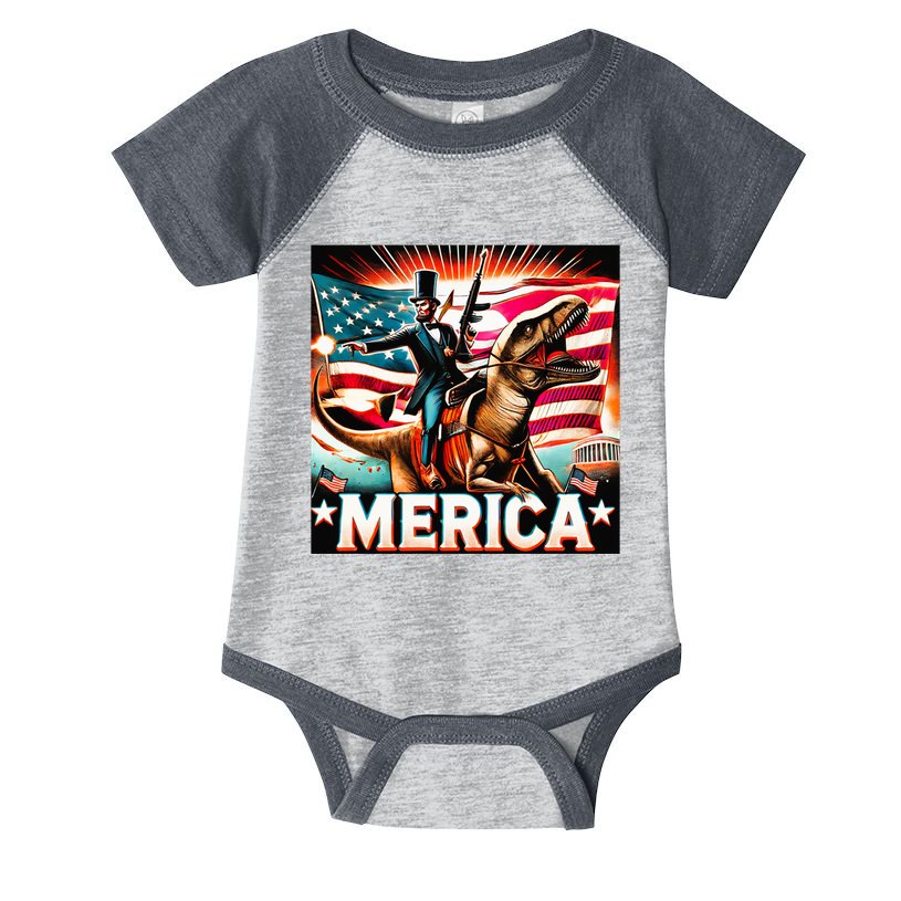 Abraham Lincoln Riding T Rex Merica Firing A Rifle Infant Baby Jersey Bodysuit
