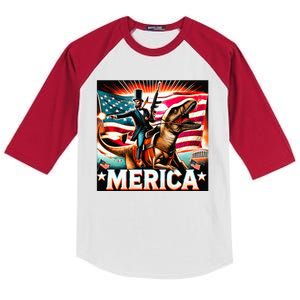 Abraham Lincoln Riding T Rex Merica Firing A Rifle Kids Colorblock Raglan Jersey