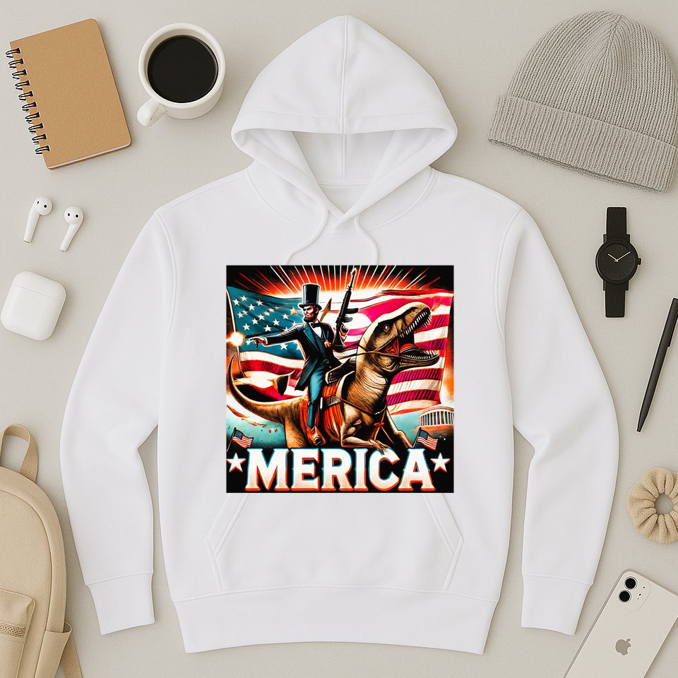 Abraham Lincoln Riding T Rex Merica Firing A Rifle Hoodie