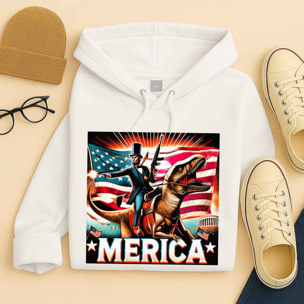 Abraham Lincoln Riding T Rex Merica Firing A Rifle Hoodie