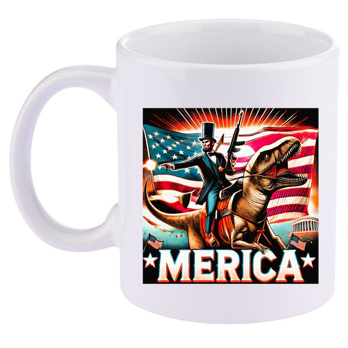 Abraham Lincoln Riding T Rex Merica Firing A Rifle 11oz C Handle Ceramic Mug