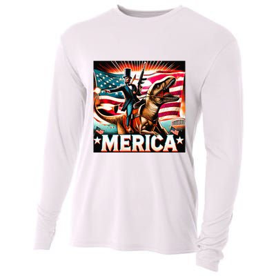 Abraham Lincoln Riding T Rex Merica Firing A Rifle Cooling Performance Long Sleeve Crew